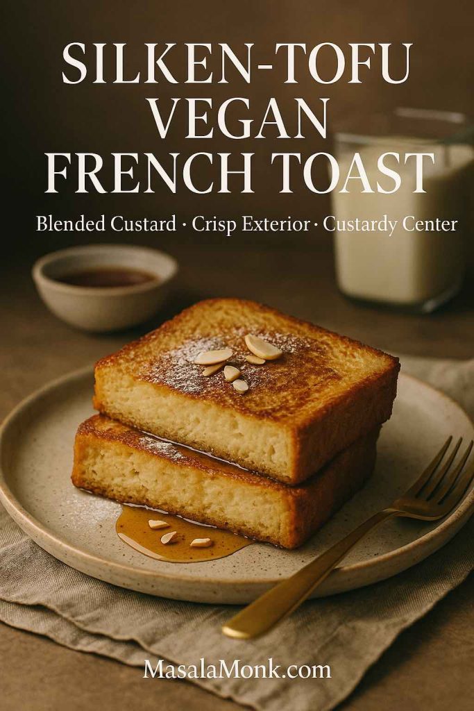 Hand dusting powdered sugar over golden vegan French toast on a cooling rack; cover for 6 variations including air fryer, gluten-free, and high-protein.