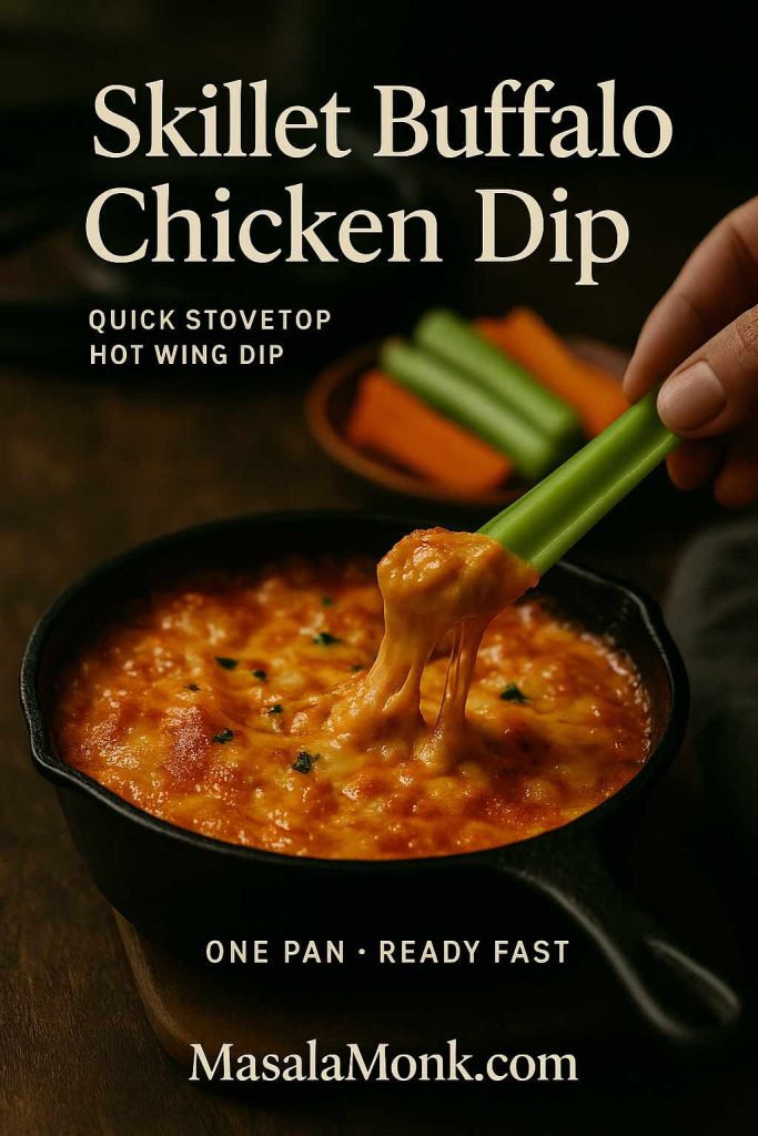 Hand dipping a celery stick into skillet buffalo chicken dip with melted cheese in a cast iron pan on a wooden table