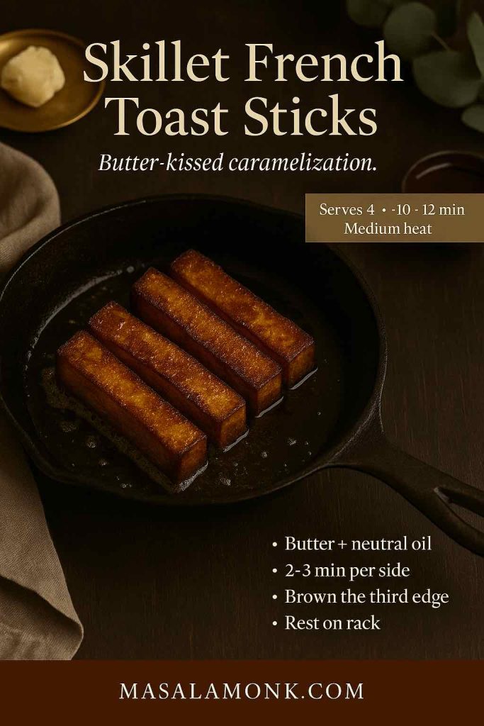 Skillet French toast sticks browning in a cast-iron pan with butter—golden, crisp edges and custardy centers; MasalaMonk stovetop recipe card.