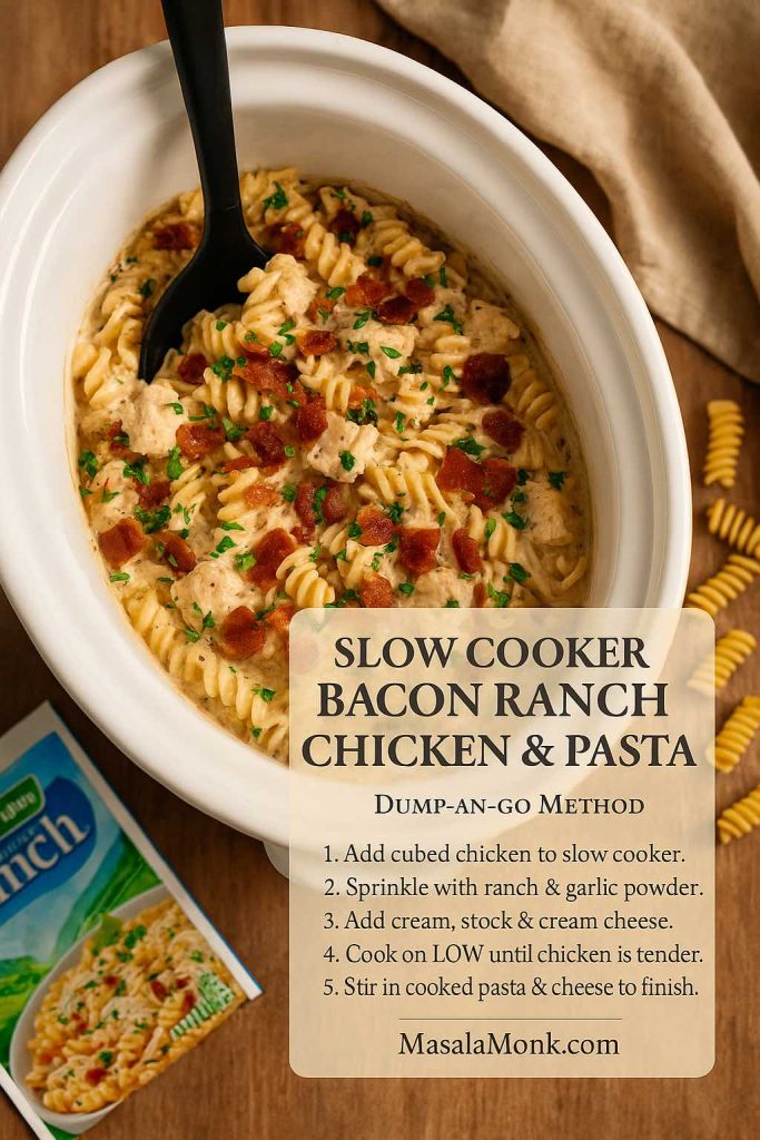 White slow cooker filled with creamy bacon ranch chicken and rotini pasta, topped with bacon and parsley, with a recipe card overlay showing dump-and-go slow cooker steps.