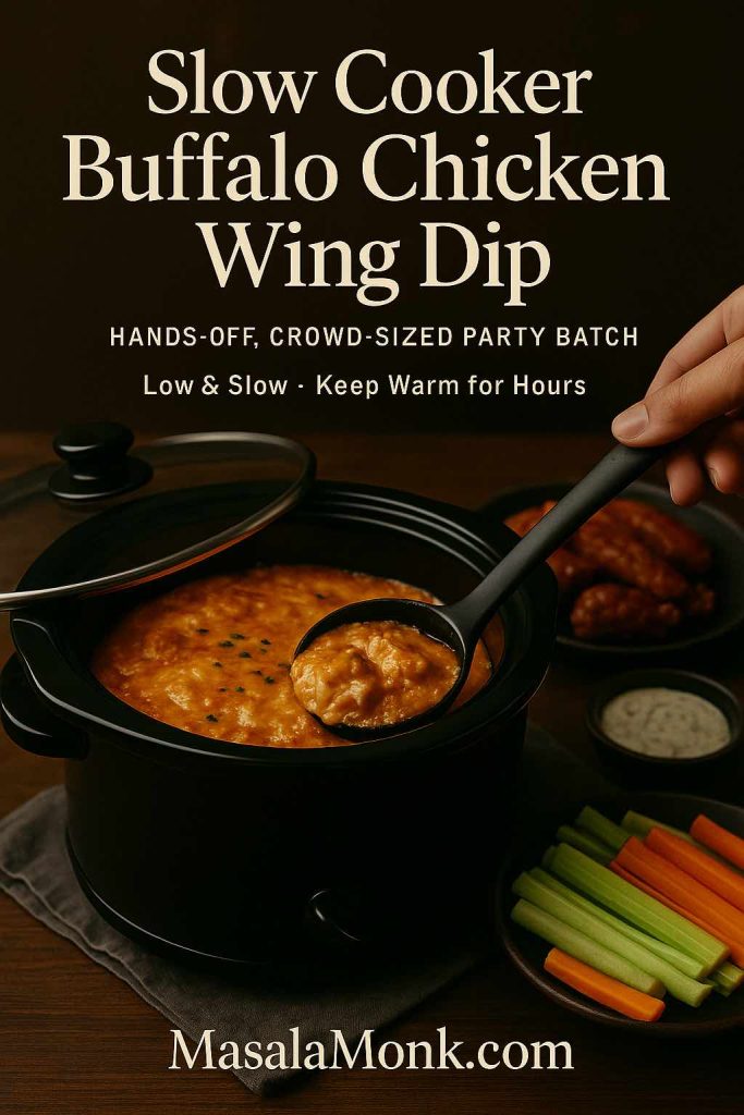 Hand ladling slow cooker buffalo chicken wing dip from a black crockpot, with veggie sticks, wings and dip bowls on a wooden table