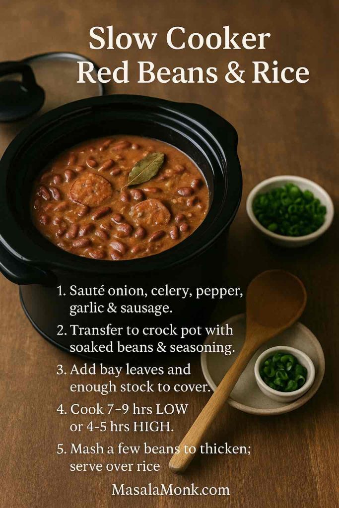 Slow cooker filled with creamy red beans and sausage on a wooden table with green onions and a wooden spoon, with step-by-step slow cooker red beans and rice instructions overlaid on the image.