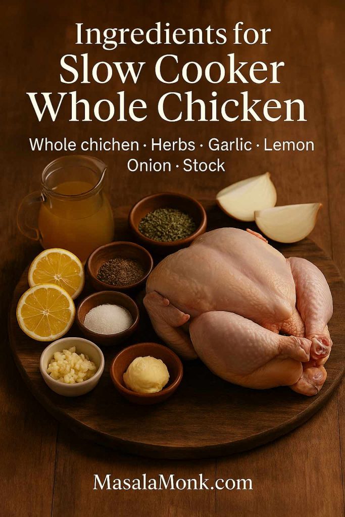 Ingredients for slow cooker whole chicken laid out on a wooden board: raw whole chicken, lemon slices, garlic, salt, pepper, dried herbs, butter and a jug of chicken stock.