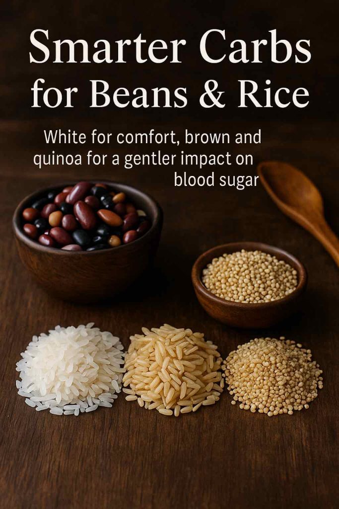 Wooden table with small piles of white rice, brown rice and quinoa in front of a bowl of mixed beans and a wooden spoon, with text explaining smarter carb choices for beans and rice and blood sugar.