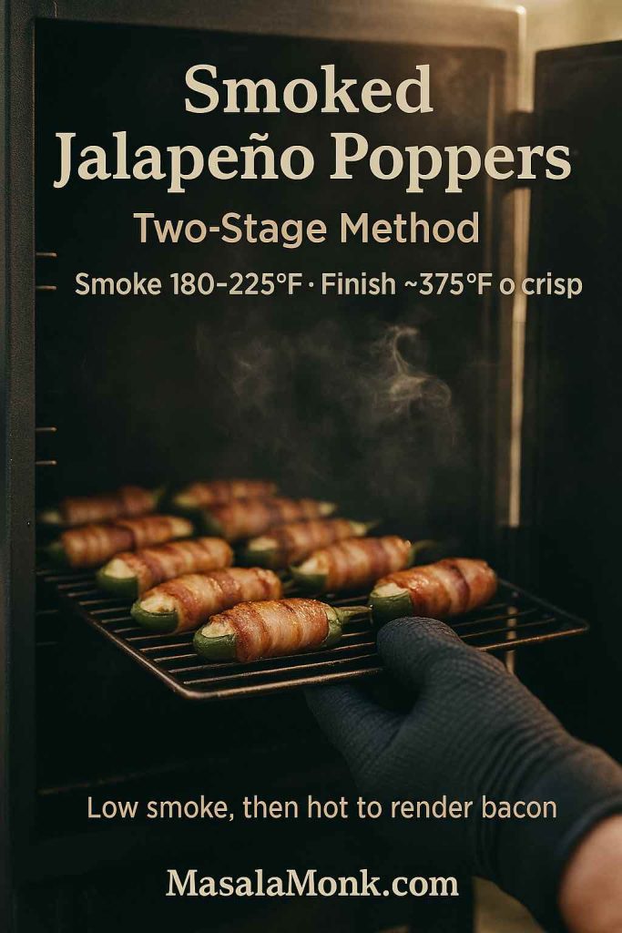 Gloved hand sliding bacon-wrapped jalapeño poppers into a smoker—smoke 180–225°F, then finish near 375°F to crisp