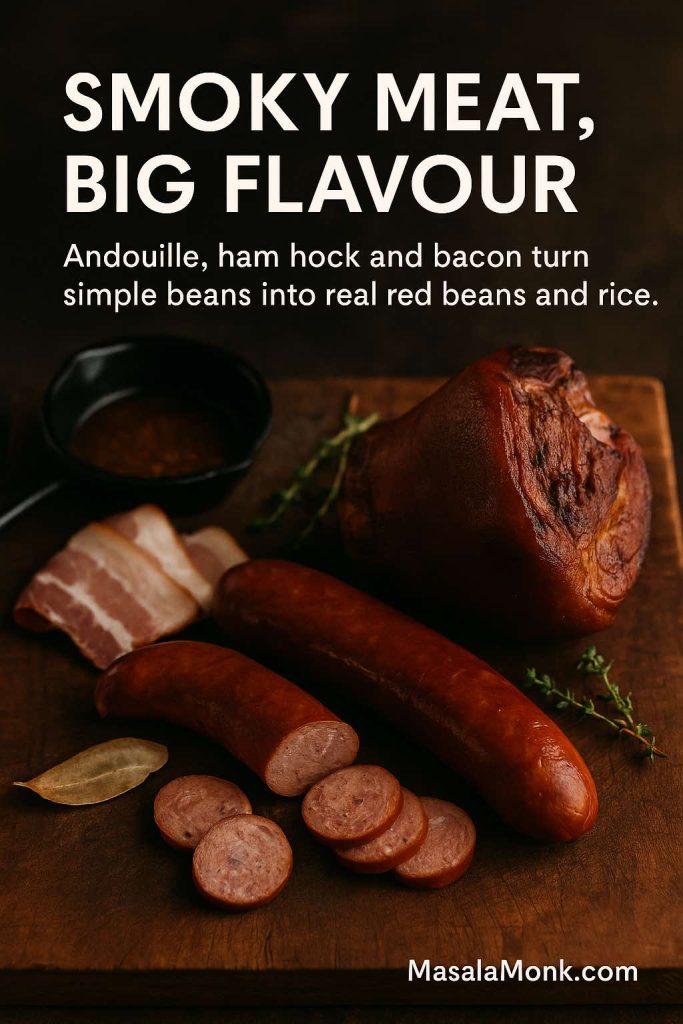 Andouille sausage, ham hock and bacon arranged on a wooden board with a small skillet of drippings, showing the smoky meats used to flavour red beans and rice.