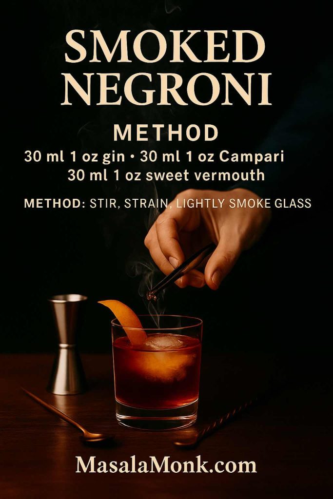 Smoked Negroni recipe card showing equal parts gin, Campari and sweet vermouth; stirred, strained and served in a lightly smoked glass with an expressed orange peel.