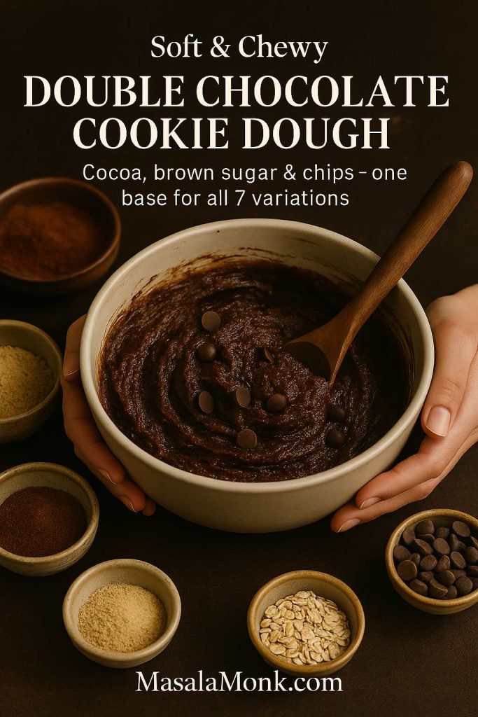Bowl of soft and chewy double chocolate cookie dough with chocolate chips, surrounded by small bowls of cocoa, sugars, oats and almond flour, with hands holding the bowl and MasalaMonk.com in the footer.