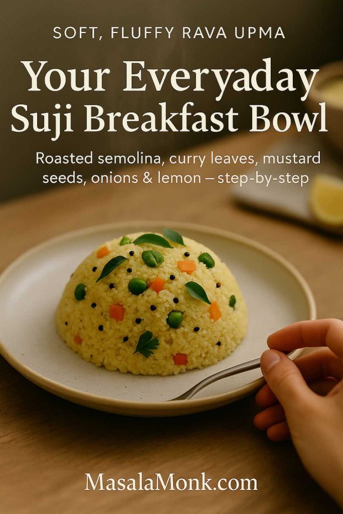 Close-up of a neatly domed serving of soft rava upma with peas, carrots and curry leaves on a ceramic plate, hand reaching for the spoon, with text describing it as an everyday suji breakfast bowl.