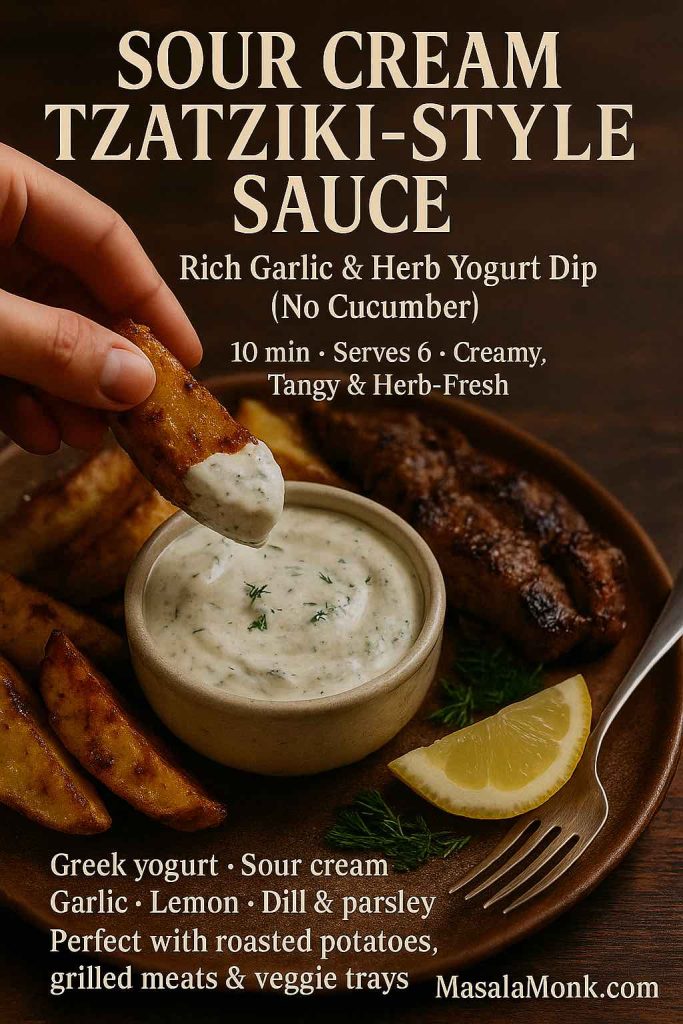 Side-angle photo of a bowl of sour cream tzatziki-style sauce made with Greek yogurt, sour cream, garlic, lemon and herbs, with a hand dipping a crispy roasted potato wedge into the creamy white dip on a rustic wooden table next to roasted potatoes and grilled meat.