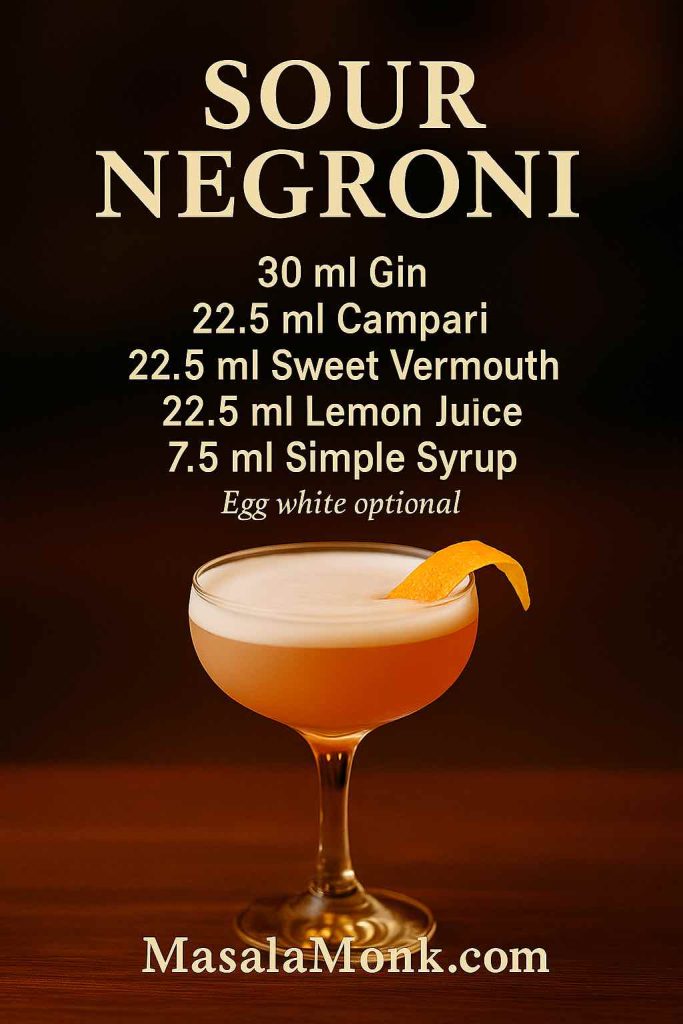 Sour Negroni recipe card (ml only)—30 ml gin, 22.5 ml Campari, 22.5 ml sweet vermouth, 22.5 ml lemon juice, 7.5 ml simple syrup; egg white optional; orange zest garnish.