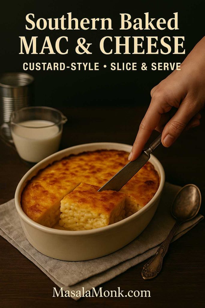 Hand cutting a neat square of Southern baked macaroni and cheese from an oval casserole; custard-like interior visible with vintage spoon and milk props.