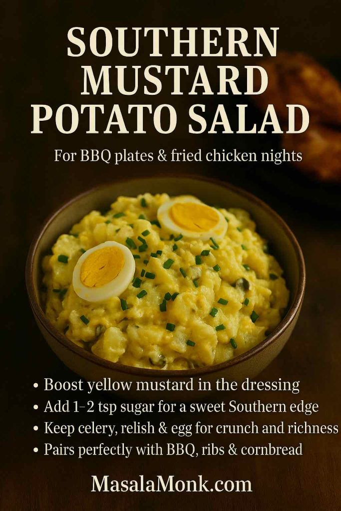 Recipe card showing a bowl of bright yellow Southern mustard potato salad topped with egg slices and chives, plus tips to boost yellow mustard, add a little sugar, keep celery, relish and egg, and pair it with BBQ, ribs and cornbread.
