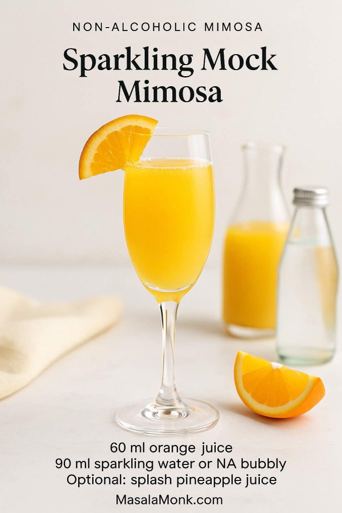 Non-alcoholic sparkling mock mimosa recipe card with a bright orange Champagne flute drink made from 60 ml orange juice and 90 ml sparkling water or alcohol-free bubbly, garnished with an orange slice on a light brunch table, MasalaMonk.com branding.