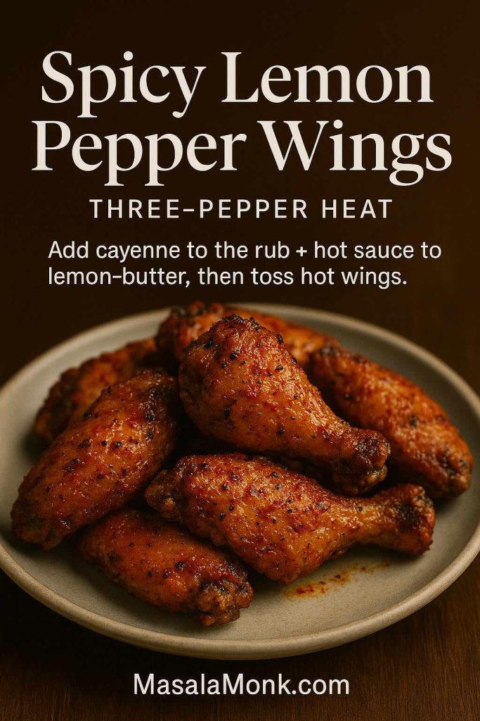 Portrait image of spicy lemon pepper chicken wings on a plate, coated in a fiery three-pepper glaze with visible chili flakes and black pepper, with text overlay explaining to add cayenne to the rub and hot sauce to lemon-butter before tossing the wings.