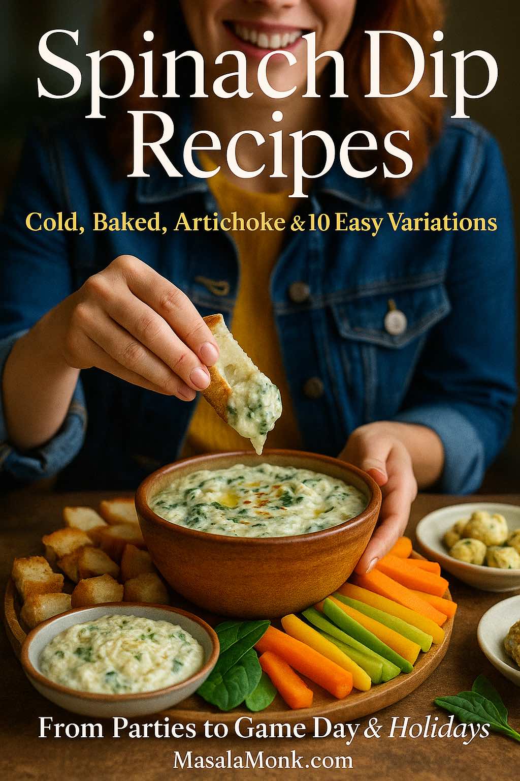 Woman dipping bread into a creamy spinach dip recipe surrounded by colorful veggie sticks, bread cubes, and small bowls of dip on a wooden table.