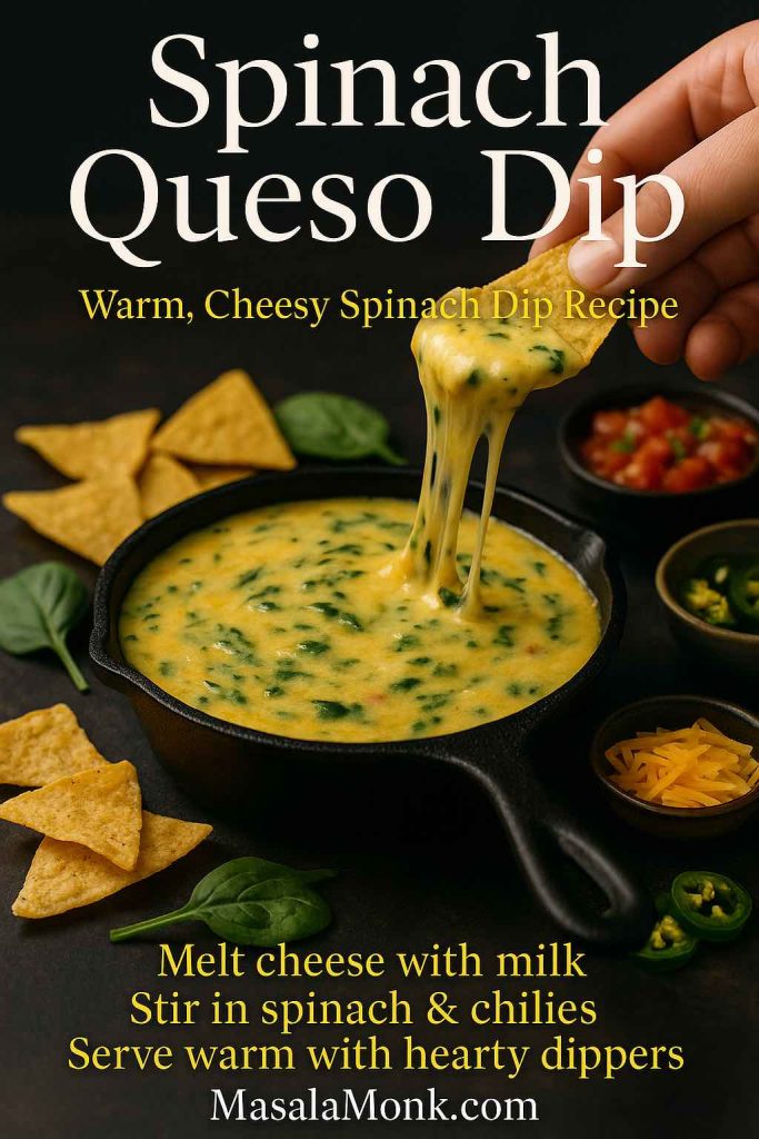 Spinach queso dip in a cast-iron skillet with a tortilla chip lifting a stretchy cheesy scoop, surrounded by tortilla chips, salsa, jalapeños and shredded cheese, with mini recipe text overlay.