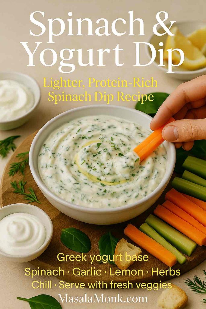Spinach and yogurt dip in a white bowl with a hand dipping a carrot stick, surrounded by fresh veggie sticks, lemon wedges, herbs and small bowls of Greek yogurt, with mini recipe text overlay.