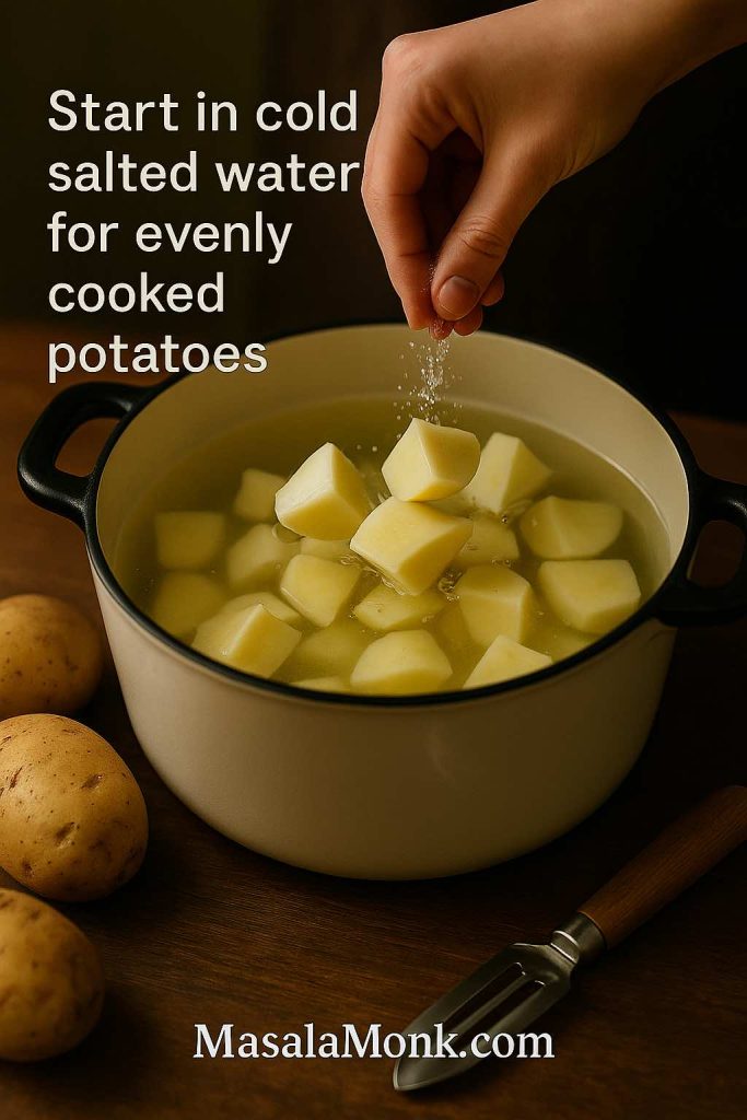 Hand sprinkling salt into a pot of cold water filled with diced potatoes, showing how to start potatoes in cold salted water so they cook evenly for potato salad.