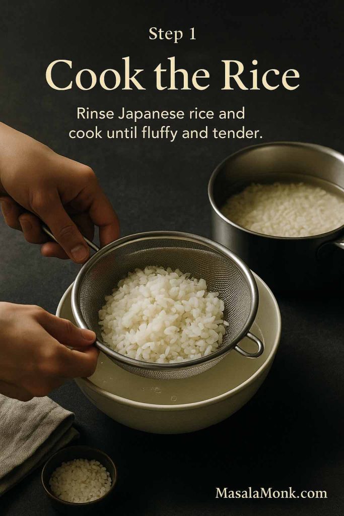 Hands rinsing Japanese rice in a sieve over a bowl as part of chicken katsu curry prep.