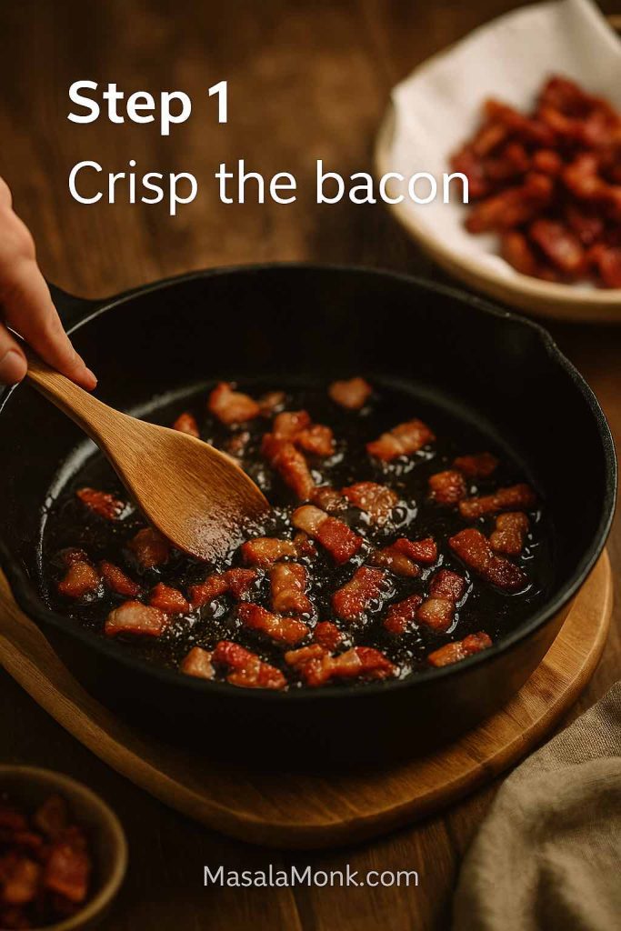 Bacon pieces sizzling in a cast iron skillet while a wooden spatula stirs them, with a plate of crispy bacon in the background for chicken bacon ranch pasta.