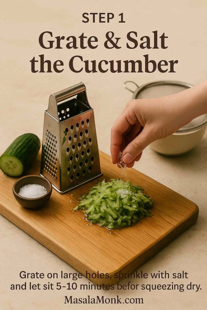 Step 1 of a Greek tzatziki sauce recipe showing a hand grating cucumber on a box grater and sprinkling salt over a pile of grated cucumber on a board with a fine-mesh strainer ready for draining.