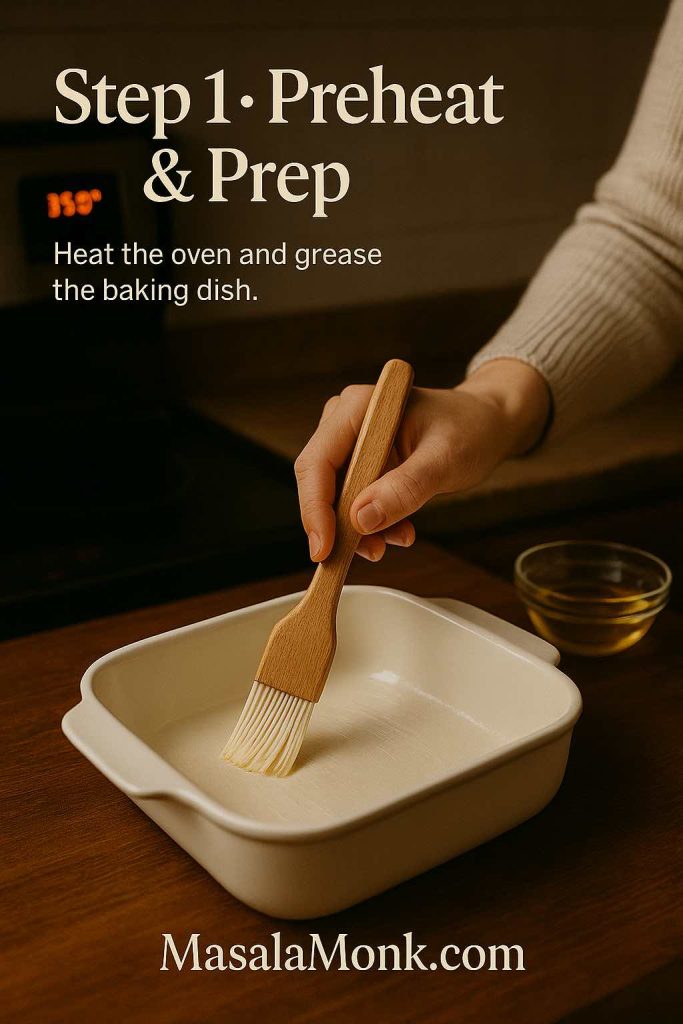 Hand brushing oil inside a square baking dish for buffalo chicken dip with a preheated oven and bowl of oil in the background