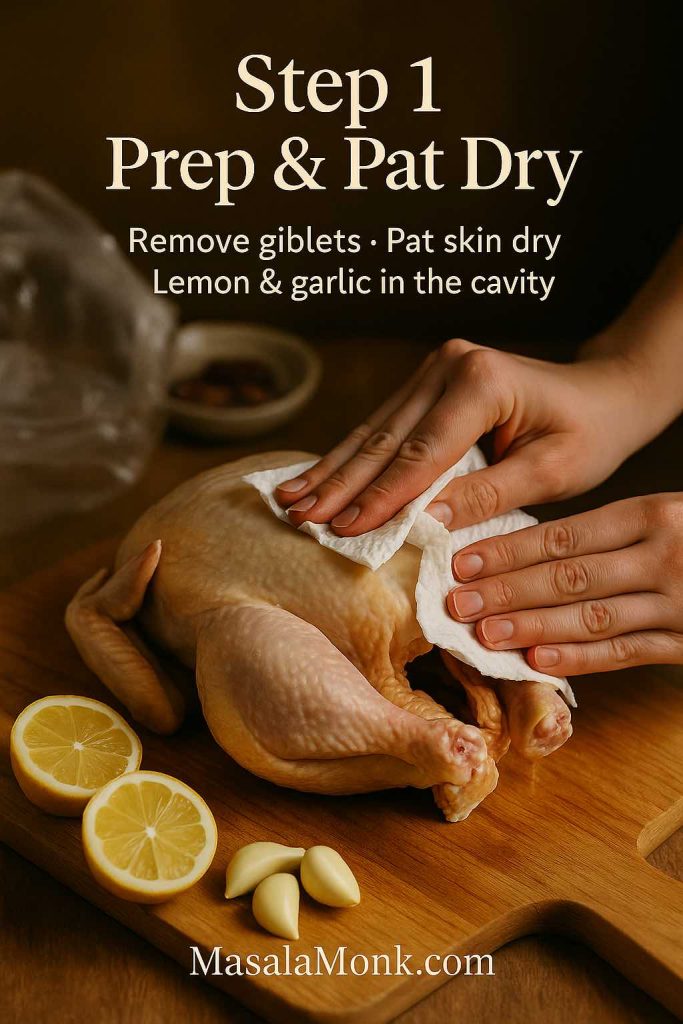 Hands patting a raw whole chicken dry with paper towels on a wooden board, with lemon halves and garlic cloves nearby, showing step 1 of preparing a slow cooker whole chicken.