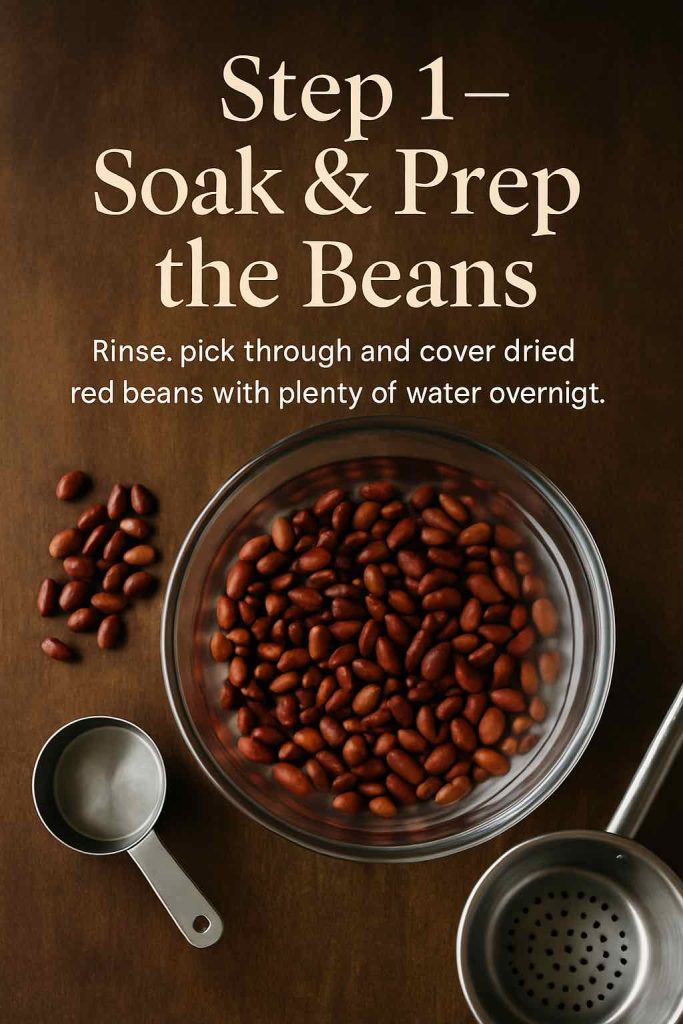 Overhead view of a glass bowl of dried red beans soaking in water on a wooden table with scattered beans, measuring cup and colander, labeled Step 1 Soak and Prep the Beans.