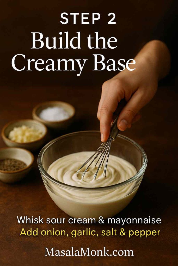 Step 2 of classic spinach dip recipe showing a hand whisking sour cream and mayonnaise in a glass bowl with small bowls of onion, garlic, salt and pepper on a wooden surface.