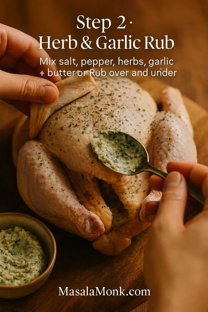 Hands lifting the skin of a raw whole chicken and spreading a creamy herb and garlic butter underneath, showing step 2 of seasoning a slow cooker whole chicken.