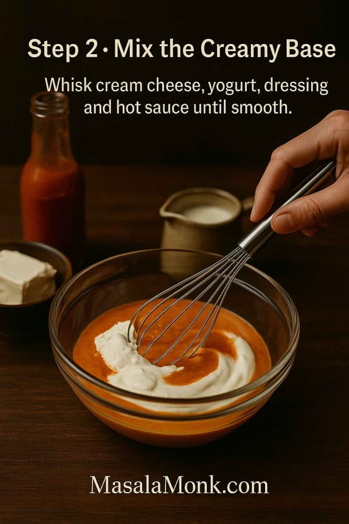 Hand whisking cream cheese, yogurt, dressing and buffalo-style hot sauce in a mixing bowl to make the creamy base for buffalo chicken dip.