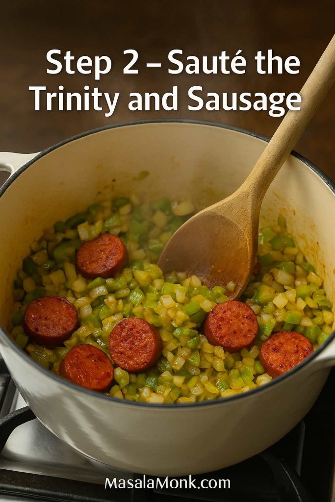 Dutch oven with diced onion, celery and green bell pepper sautéing with sliced sausage, labeled Step 2 Sauté the Trinity and Sausage.
