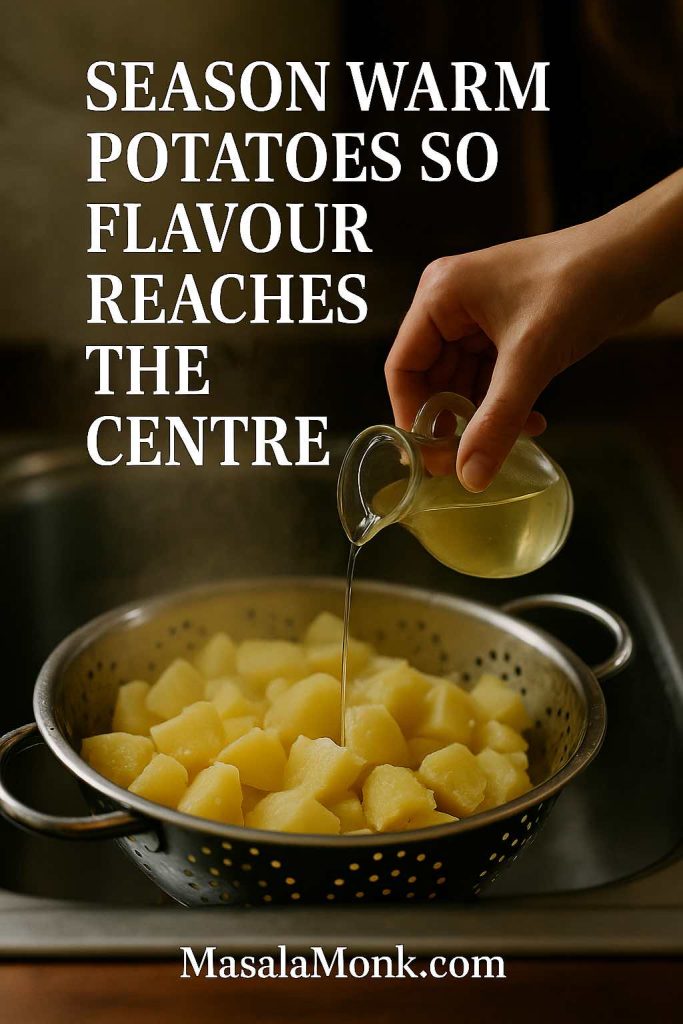 Hand pouring vinegar from a small glass jug over steaming boiled potato chunks in a metal colander, showing how to season warm potatoes so they absorb flavour for potato salad.