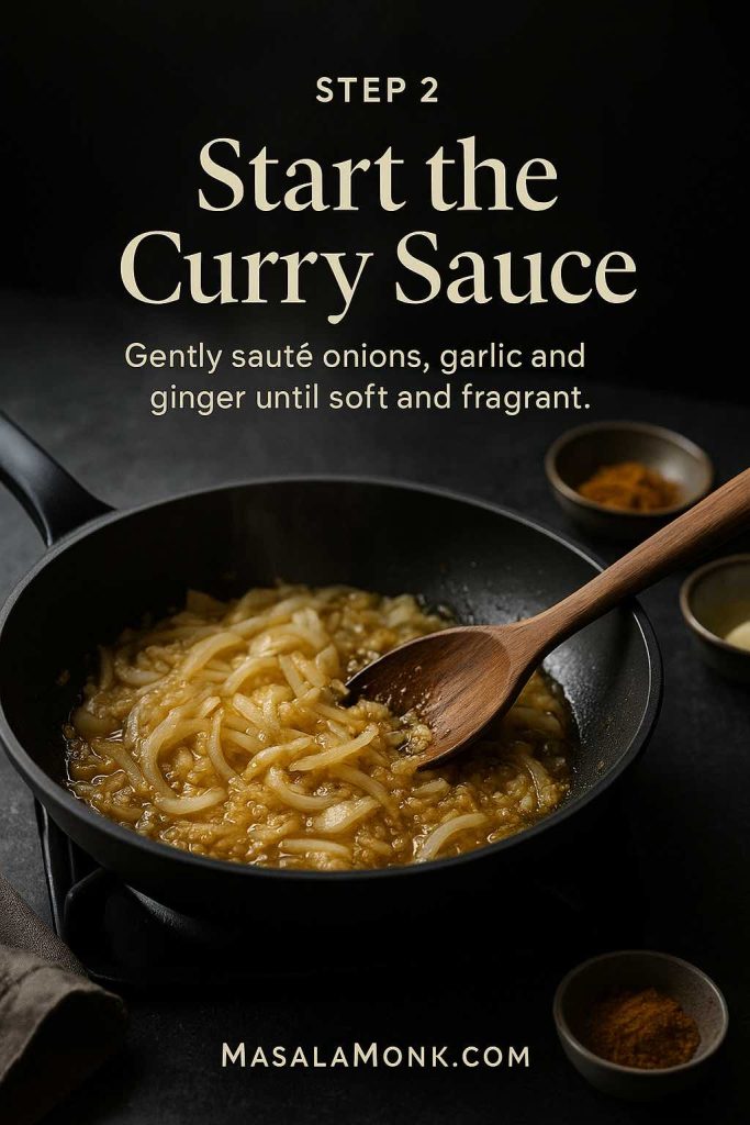 Onions, garlic and ginger sautéing in a pan to begin the Japanese curry sauce.