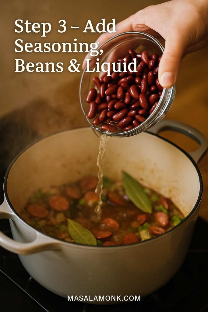 Hand pouring soaked red kidney beans and liquid from a glass bowl into a Dutch oven with sausage, vegetables and bay leaves, labeled Step 3 Add Seasoning, Beans and Liquid.