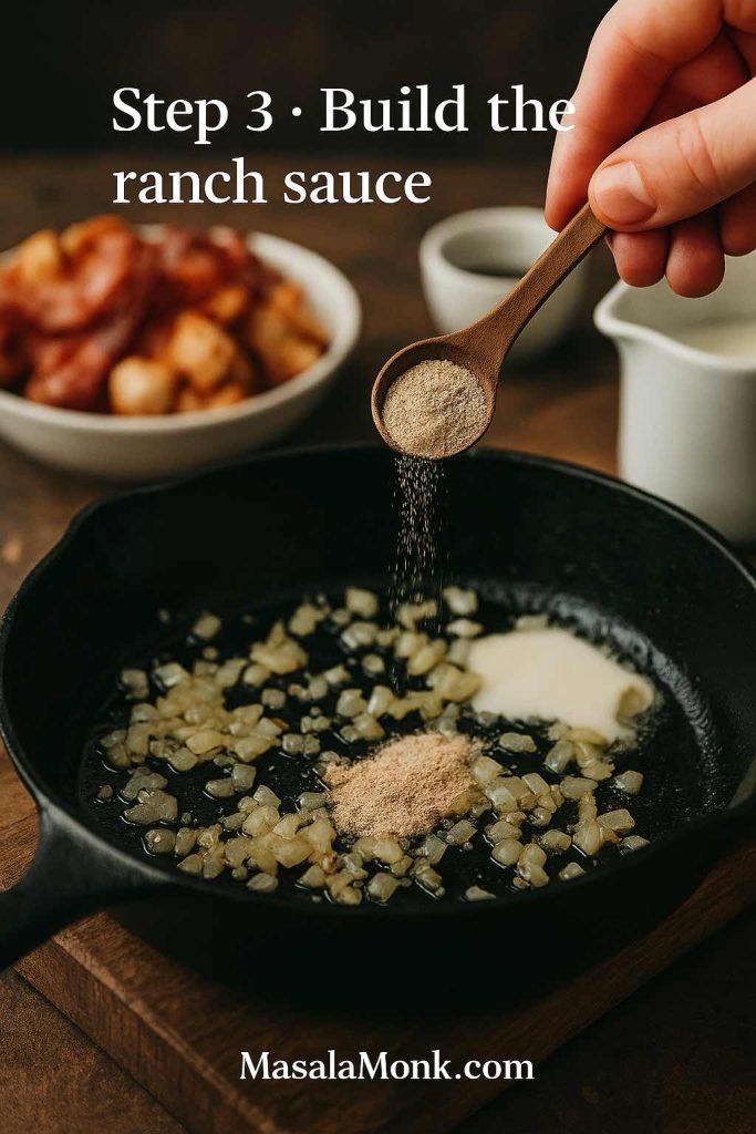 Hand sprinkling ranch seasoning into a cast iron skillet with sautéed onions and cream, with cooked bacon and chicken blurred in the background for chicken bacon ranch pasta.