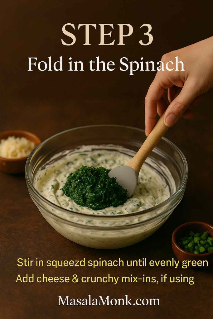 Step 3 of classic spinach dip recipe showing a hand using a spatula to fold a mound of squeezed spinach into a creamy dip base in a glass bowl, with grated cheese and green onions in small bowls nearby.