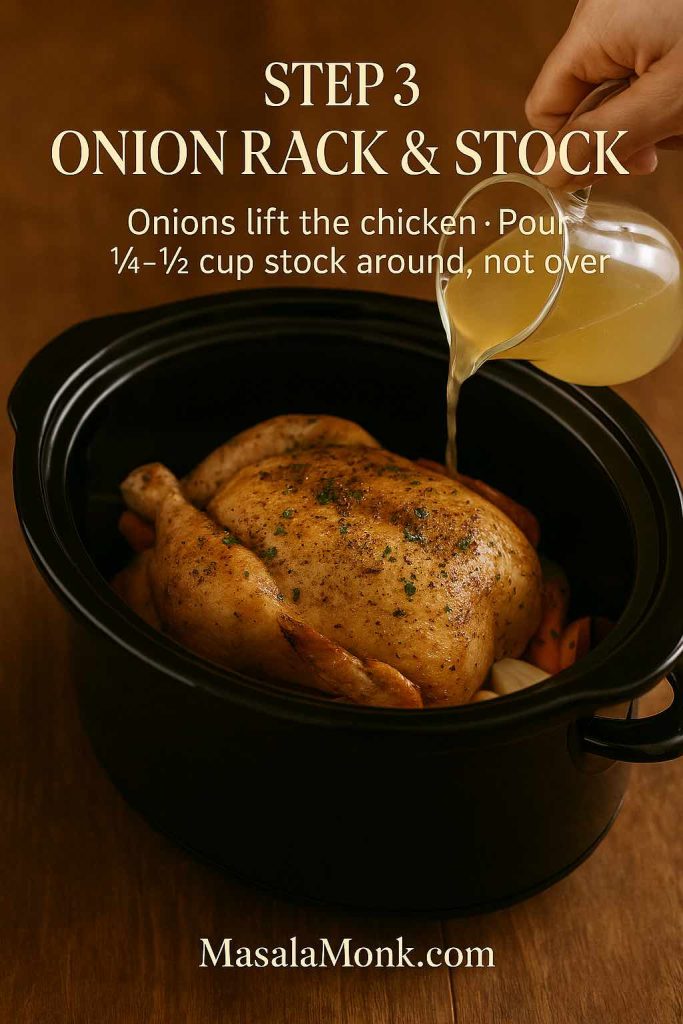 Seasoned whole chicken sitting on a bed of onions and vegetables in a slow cooker while chicken stock is poured around it, illustrating step 3 of the crock pot whole chicken recipe.