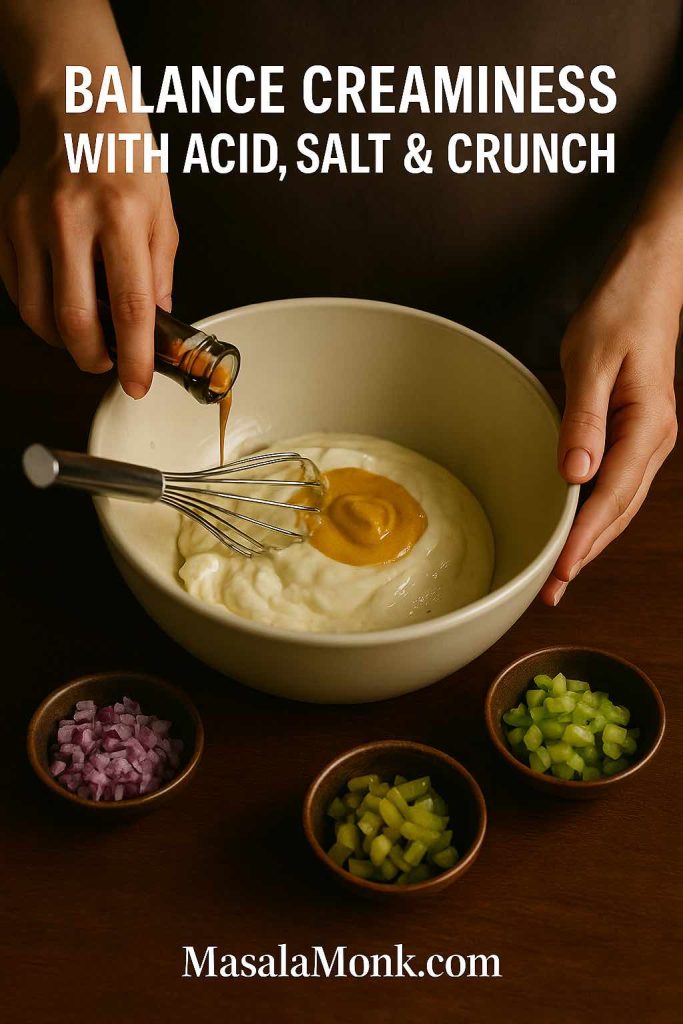 Hands whisking mayonnaise with mustard and vinegar in a mixing bowl, surrounded by small bowls of chopped onion, celery and pickles, showing how to balance creaminess with acid, salt and crunch for potato salad dressing.