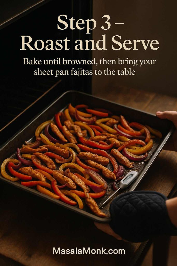 Baked sheet pan chicken fajitas with browned chicken strips and peppers being pulled from the oven with an oven mitt while a thermometer checks the chicken’s temperature.