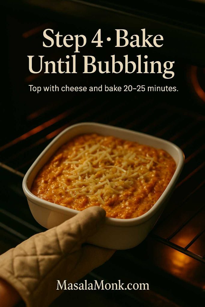 Hand wearing an oven mitt sliding a baking dish of buffalo chicken dip with melted cheese into a hot oven