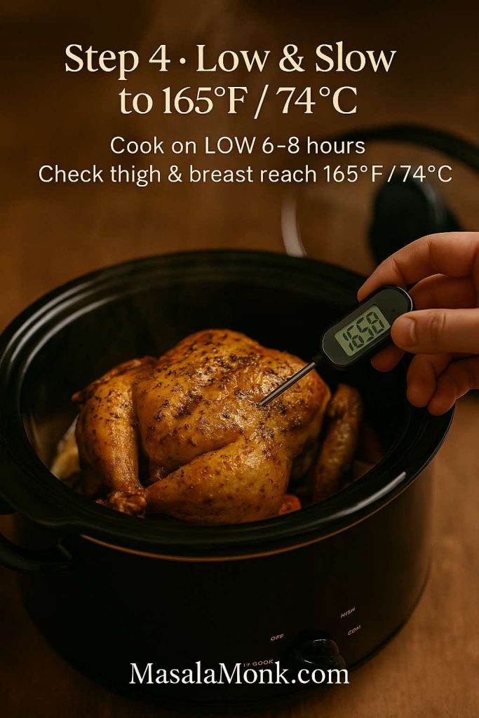 Cooked whole chicken in a slow cooker with a hand checking the thickest part of the thigh using a digital thermometer reading 165°F, showing step 4 of the crock pot whole chicken recipe.
