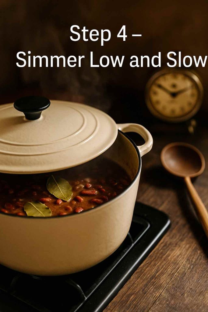 Cream Dutch oven of red beans simmering on the stove with bay leaves and steam rising, labeled Step 4 Simmer Low and Slow.