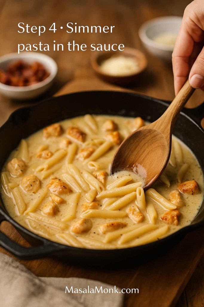 Penne pasta and chicken simmering in a creamy ranch sauce in a cast iron skillet, with a hand stirring using a wooden spoon for one-pot chicken bacon ranch pasta.