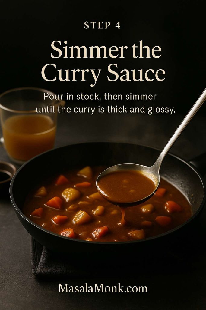 Pan of Japanese katsu curry sauce simmering with carrots and potatoes, a ladle lifting the thick glossy curry.