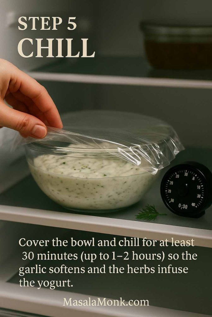 Step 5 of a Greek tzatziki sauce recipe showing a hand covering a glass bowl of tzatziki with plastic wrap on a refrigerator shelf, next to a kitchen timer set to 30 minutes.