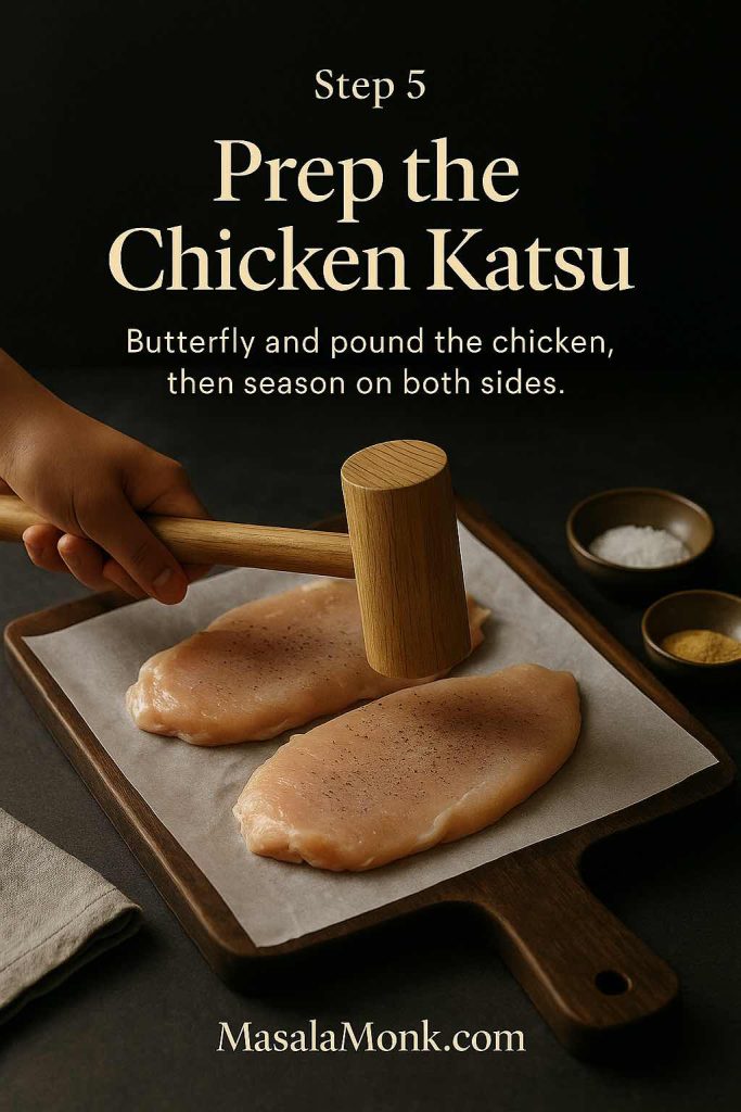 Chicken breasts being pounded flat on a board and seasoned for chicken katsu.