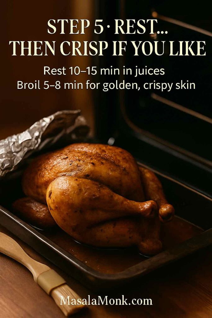 Roasted whole chicken resting in a pan with foil pulled back, next to an open oven, showing step 5 of letting a slow cooker whole chicken rest and then crisping the skin under the broiler.