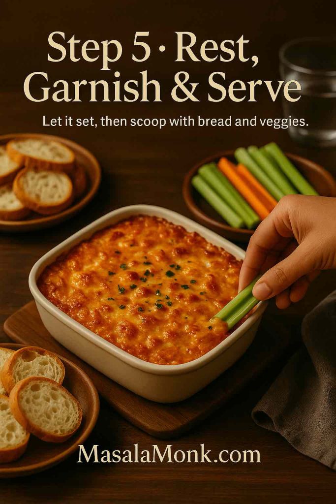 Hand dipping a celery stick into baked buffalo chicken dip with a golden cheese crust, surrounded by baguette slices and veggie sticks on a wooden table